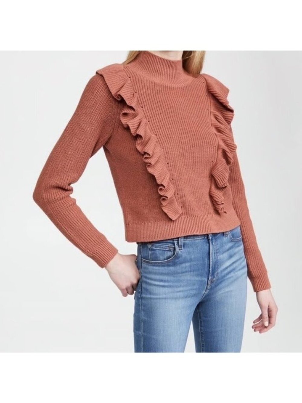 525 America Mock Neck Ruffle Pink Sand Cotton Sweater size Medium - Picture 1 of 11